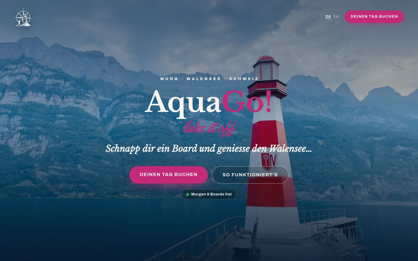 Screenshot of aquagosup.ch showing the range and the booking form