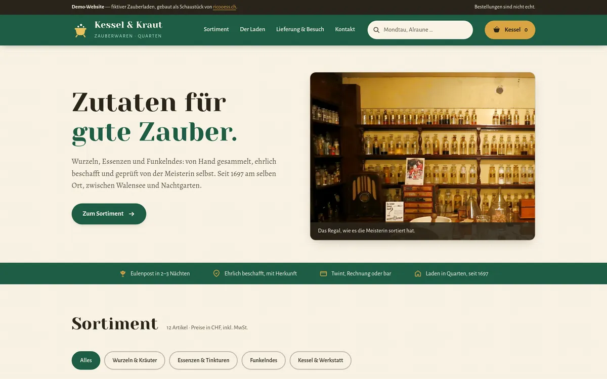 Screenshot of the sample website kesselkraut.ricooess.ch with catalogue and cart