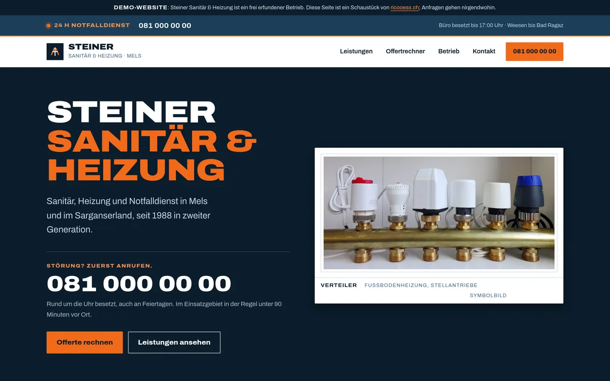 Screenshot of the sample website sanitaer.ricooess.ch with quote calculator