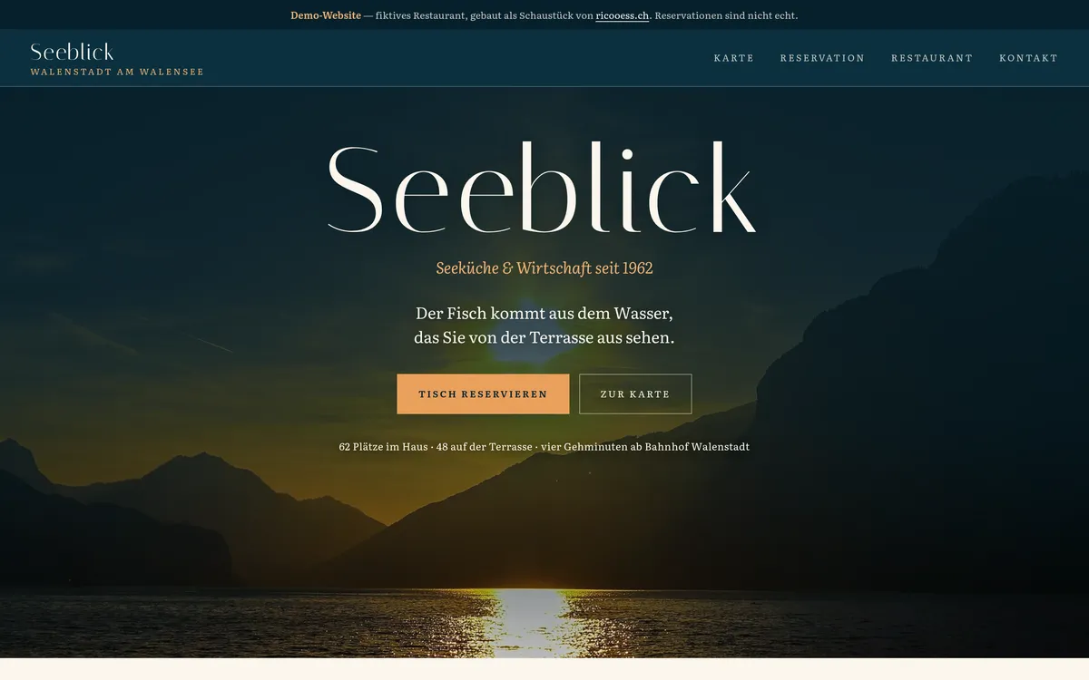 Screenshot of the sample website seeblick.ricooess.ch with an evening view of Lake Walen